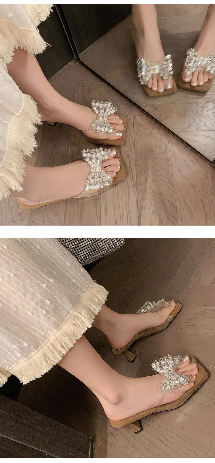 Karin Luna In Stock In Stock Transparent Bow Square Toe Suede Open Toe Sandals