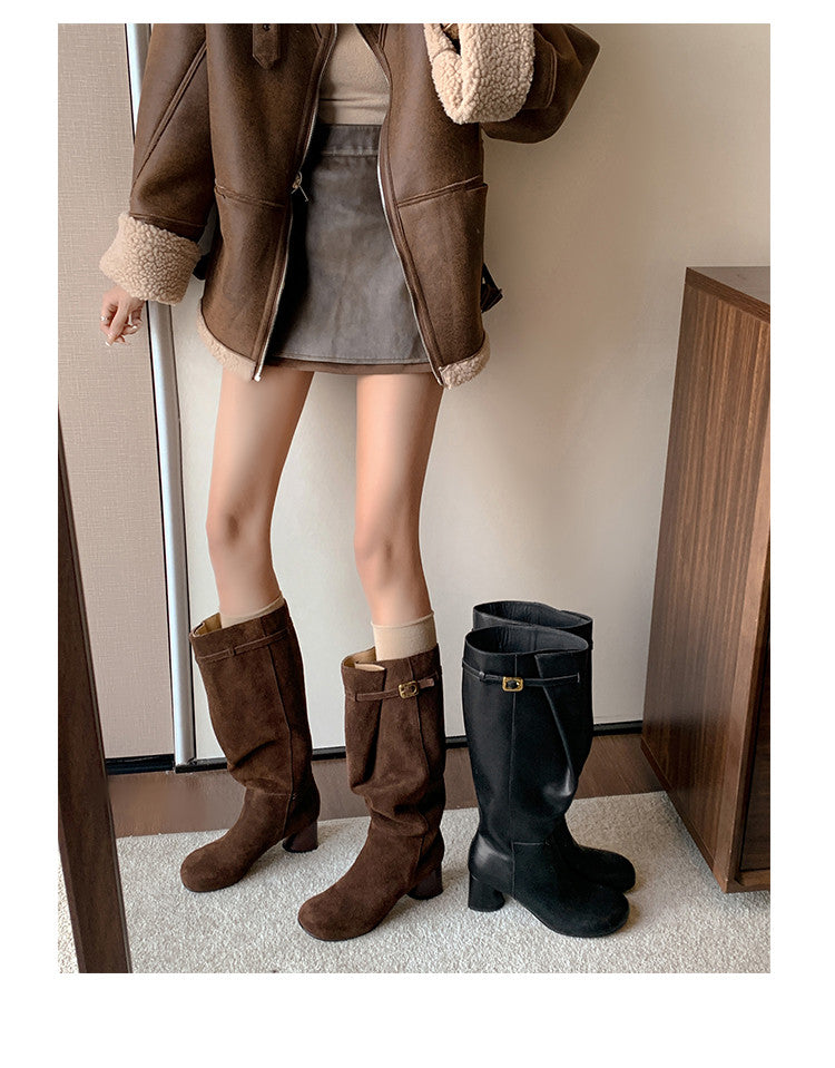 Karin Luna In Stock In Stock Mango Head Large Tube Belt Buckle Chunky Heel Long Boots