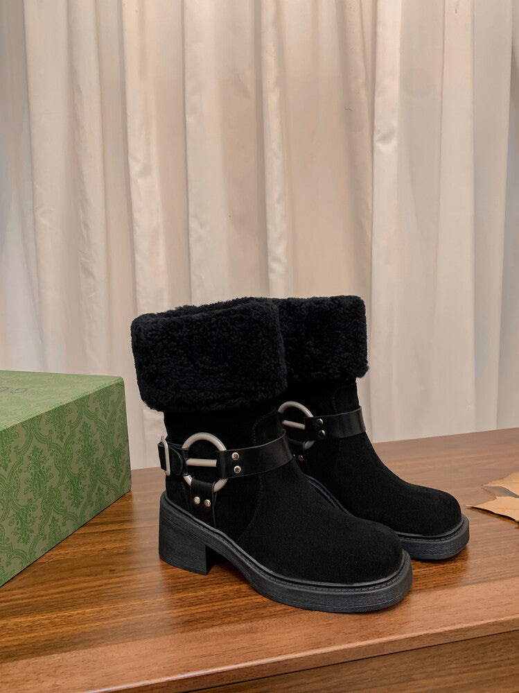 Karin Luna Genuine Lamb Wool and Cowhide Leather Hot-selling Metal Buckle Round Toe Chunky Heel Main Push Main Push