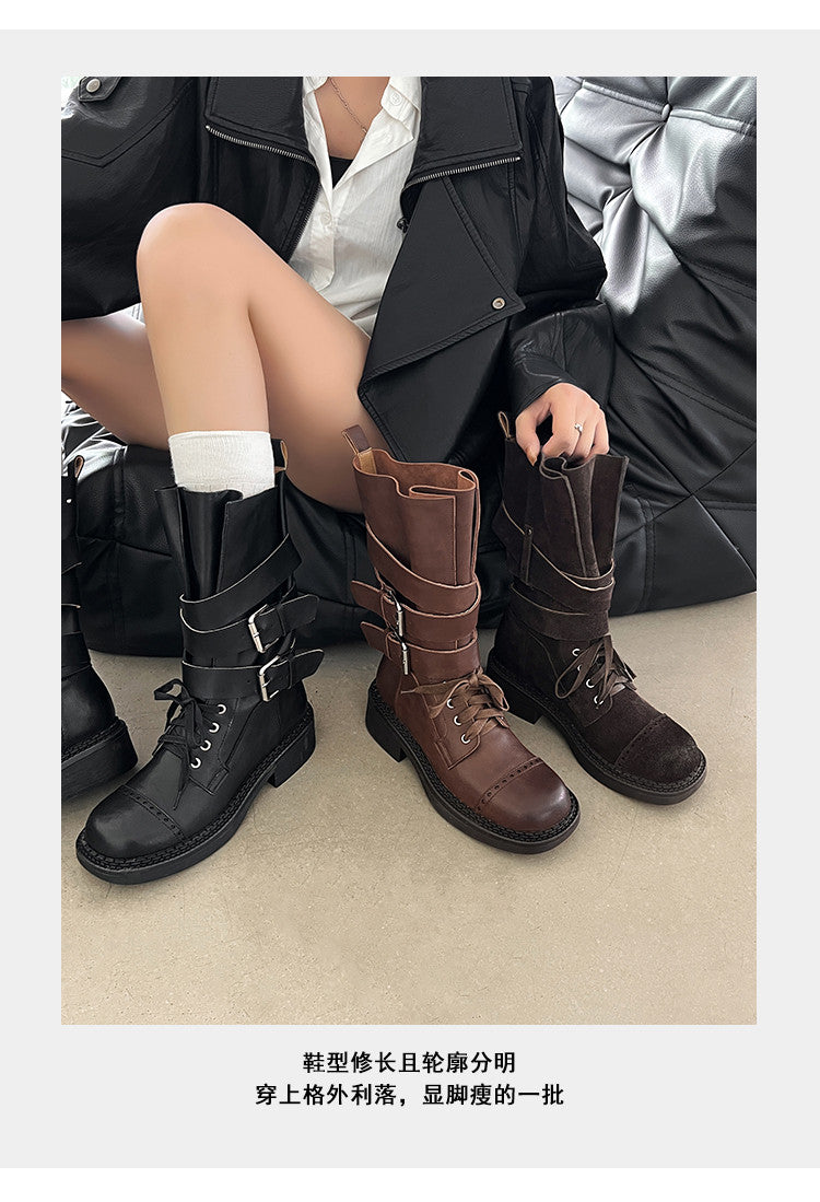 Karin Luna Bestseller Hot-Selling Large Tube Leather Belt Buckle Round Toe Thick-Soled Short Boots