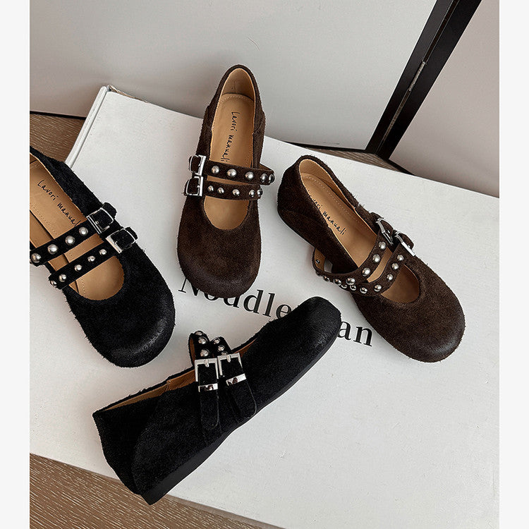 Karin Luna Hot Item Hot Item Punk Style One-Strap Round-Toe Suede Leather Height-Increasing Flats