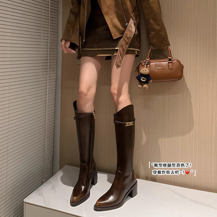 Karin Luna In Stock Spot Goods  Elegant Series~Pointed Toe Chunky Heel Metal Buckle Popular Style Riding Boots