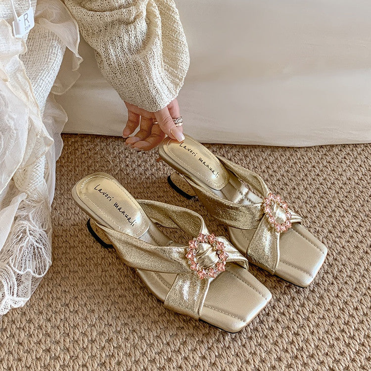 Karin Luna In Stock In Stock Elegant Square-Toe Cross-Strap Rhinestone Square-Toe Slippers