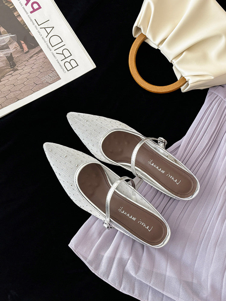 Karin Luna In Stock Spot Goods  Breathable Mesh Fabric Embellished Hand Drill Pointed Toe Slippers