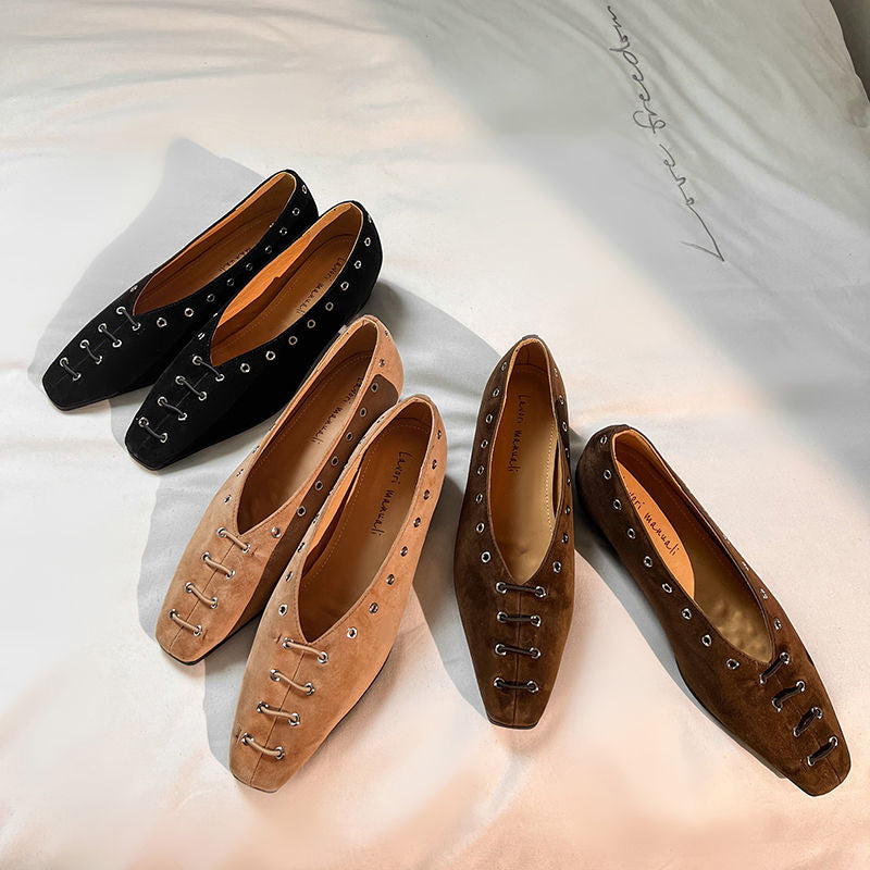 Karin Luna In Stock Spot Goods    Old Money Style Square Toe Suede Flats