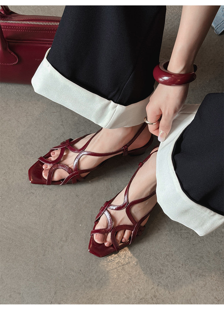 Karin Luna French Hollow Style Small Square Toe Chunky Heel Sandals