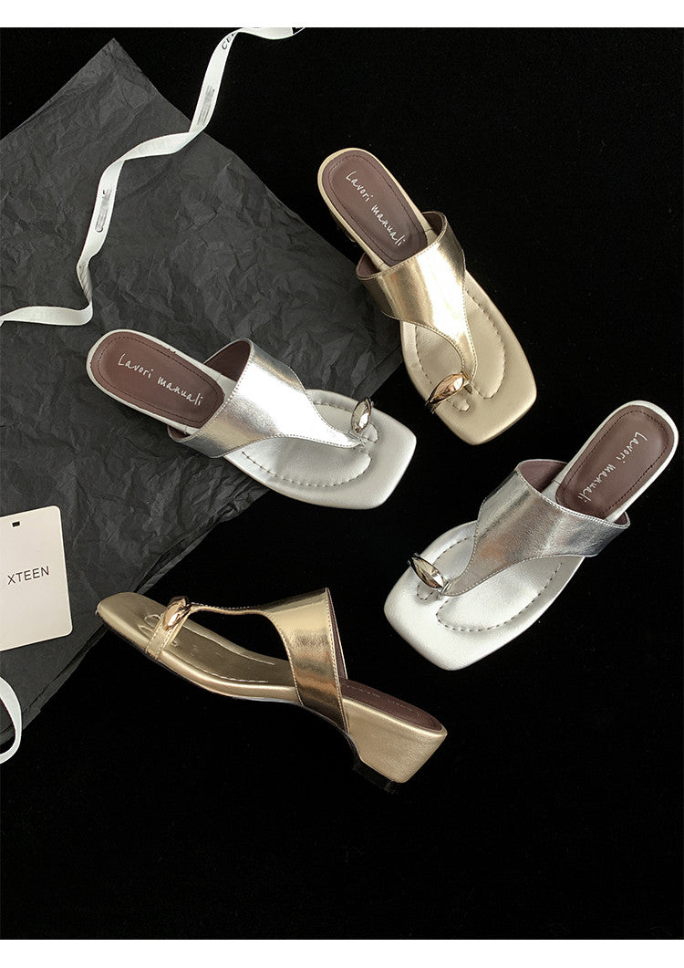 Karin Luna In Stock Spot Goods Clip-toe Square Toe Metal Buckle Minimalist Slippers