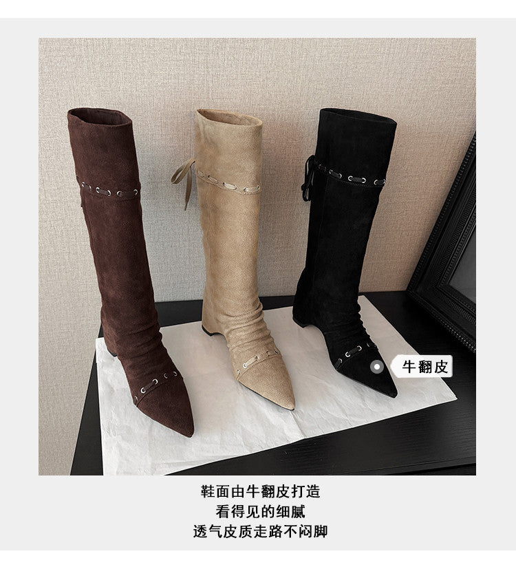 Karin Luna Elegant Style  Pointed Toe Pleated Hidden Wedge Western Boots