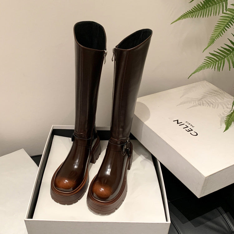 Karin Luna In Stock Spot Goods Round Toe Thick Sole Belt Buckle Straight Long Boots