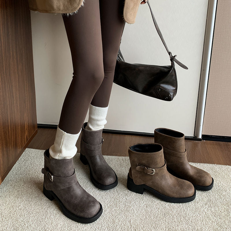 Karin Luna In Stock Spot Goods Versatile Basic Round Toe Belt Buckle Thick Sole Tube Boots