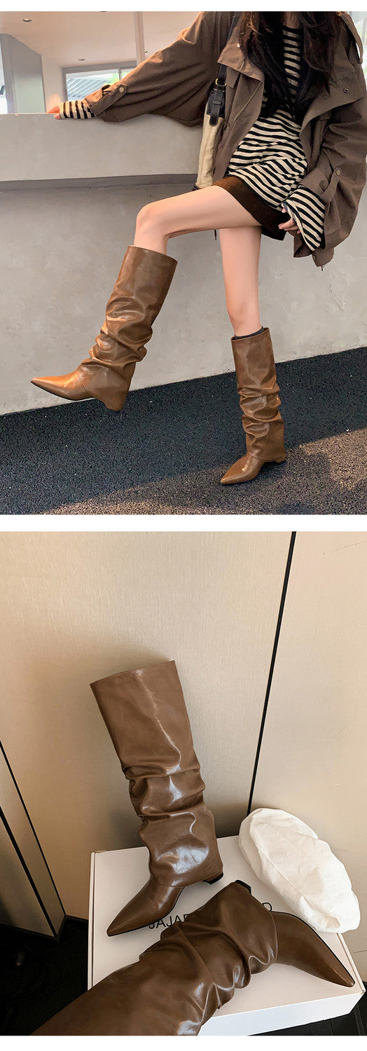 Karin Luna Elegant Style Pointed Toe Hidden Wedge Long Boots