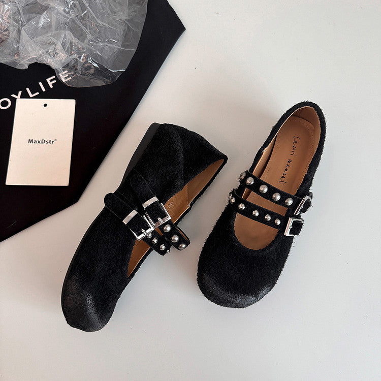 Karin Luna Hot Item Hot Item Punk Style One-Strap Round-Toe Suede Leather Height-Increasing Flats