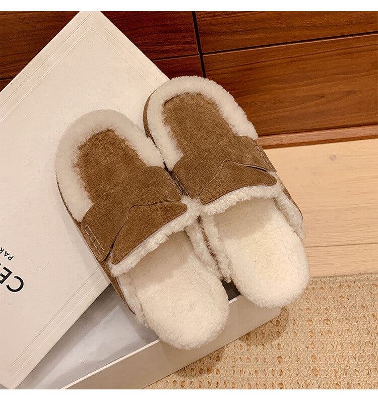Karin Luna In Stock Look~This is such thick lamb wool Winter Atmosphere！Cowhide Leather Lamb Wool Round Toe Flat Sole Half Support！