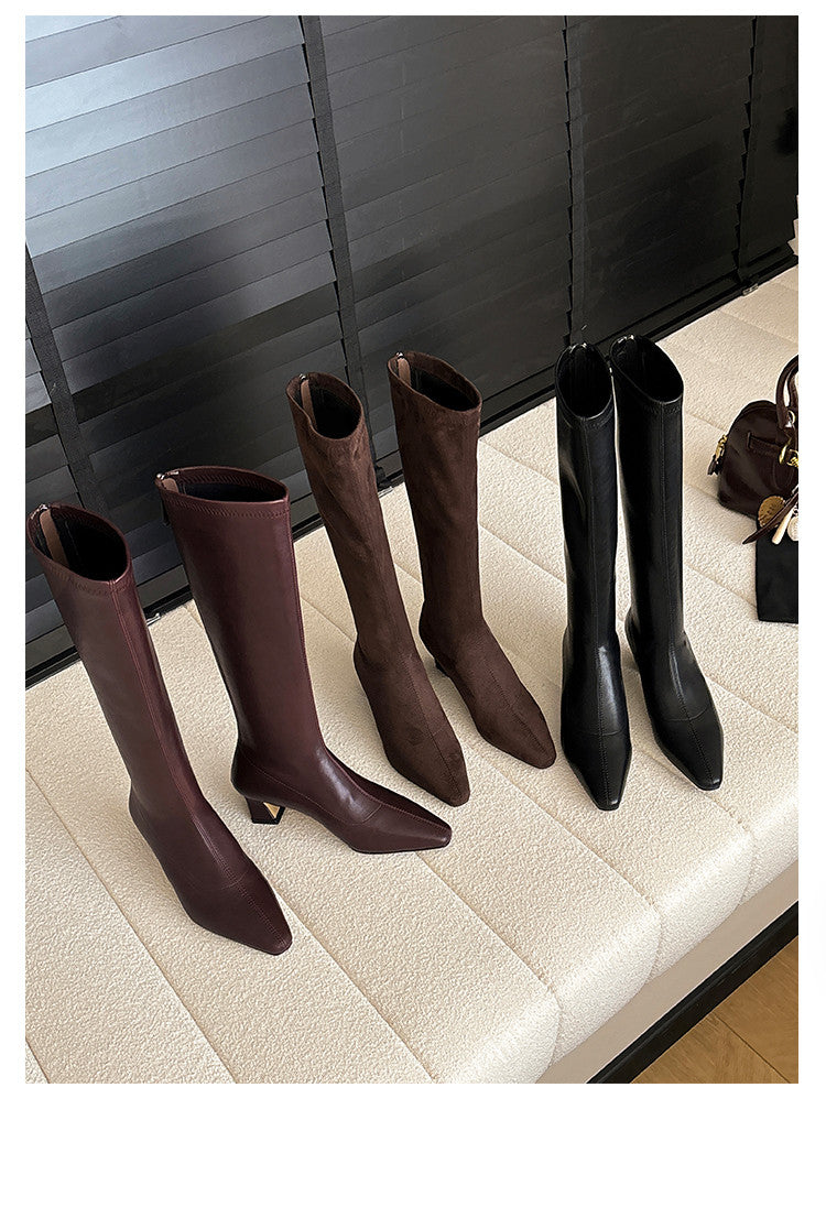Karin Luna In Stock In Stock  Square Toe Chunky Heel Korean Style Elegant Long Boots