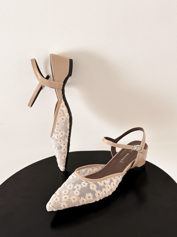 Karin Luna In Stock Spot Goods Embroidered Daisy Sheepskin Mesh Elegant Closed-Toe Slippers