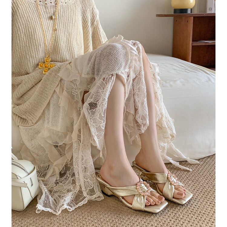 Karin Luna In Stock In Stock Elegant Square-Toe Cross-Strap Rhinestone Square-Toe Slippers