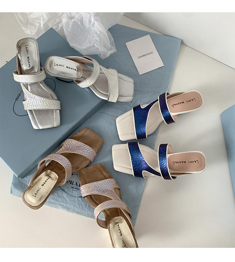 Karin Luna Fish Skin Series~Minimalist Square Toe Popular Irregular Heel Slippers