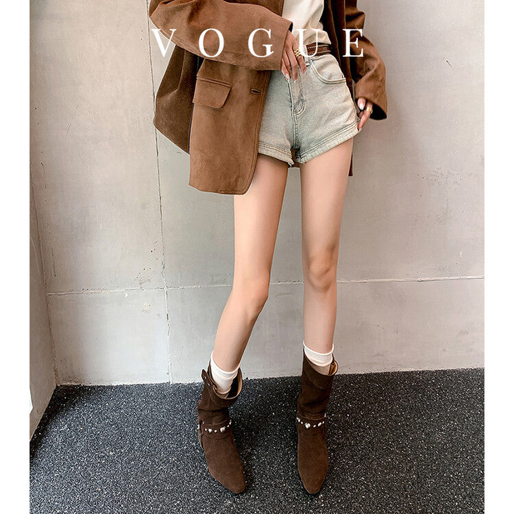 Karin Luna has prepared stock  Hot-Selling Retro Pointed Toe Wedge Metal Buckle High Tube Western Boots