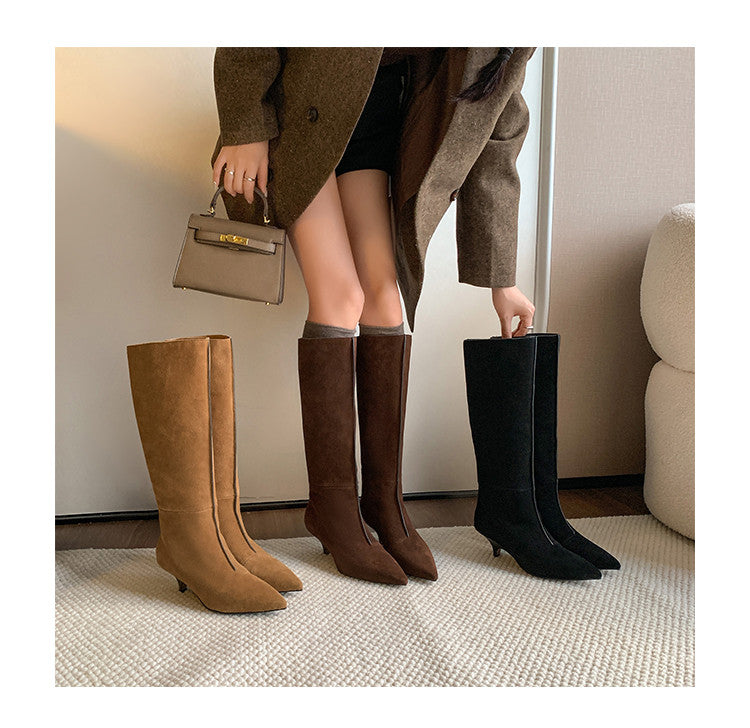 Karin Luna In Stock Spot Goods Retro Cowhide Pointed Toe Stiletto Elegant Long Boots