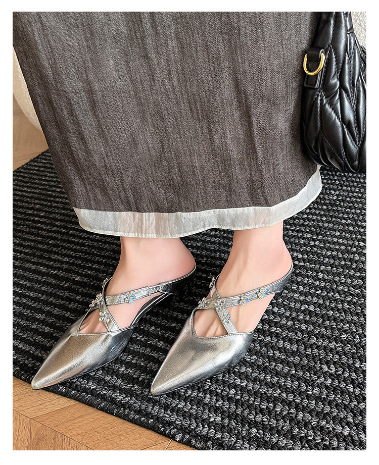 Karin Luna Elegant Pointed Toe Rhinestone Flower High Heel Mules