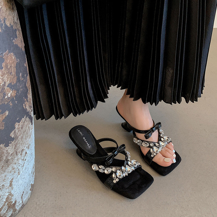 Karin Luna In Stock In Stock  Square Toe Rhinestone Bow Suede Slippers