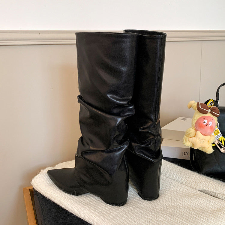 Karin Luna Elegant Style Pointed Toe Hidden Wedge Long Boots