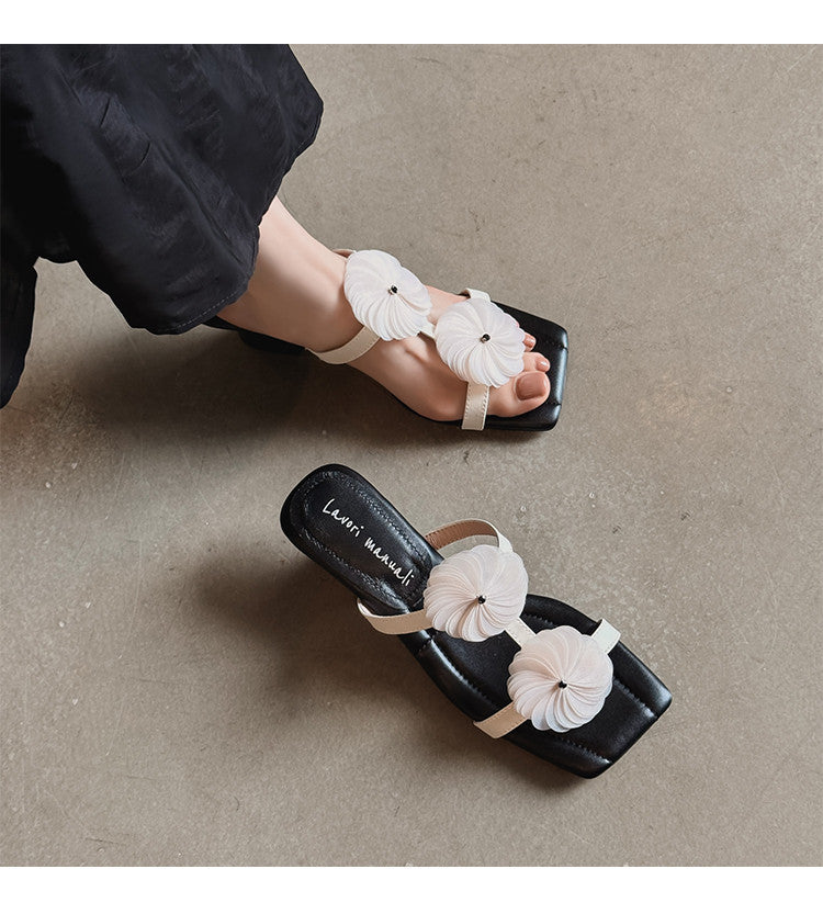 Karin Luna Hot-Selling Floral Square Toe Irregular Heel Floral Slippers