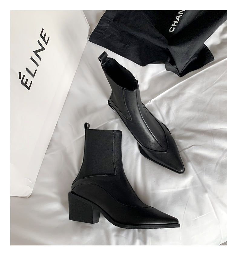 Karin Luna In Stock Spot Goods   Elegant Pointed Toe Chunky Heel Ankle Boots