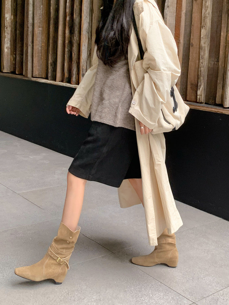 Karin Luna Foldable Belt Buckle Square Toe Hidden Wedge Short Boots