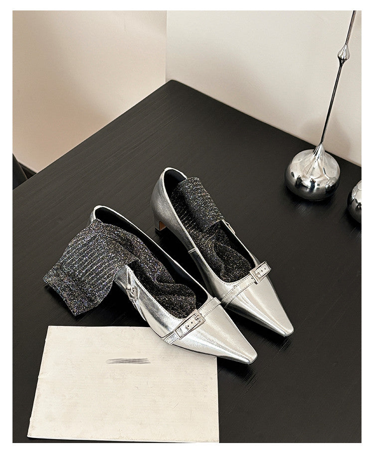 Karin Luna In Stock In Stock Retro Belt Buckle Small Square Toe Chunky Heel Single Shoes