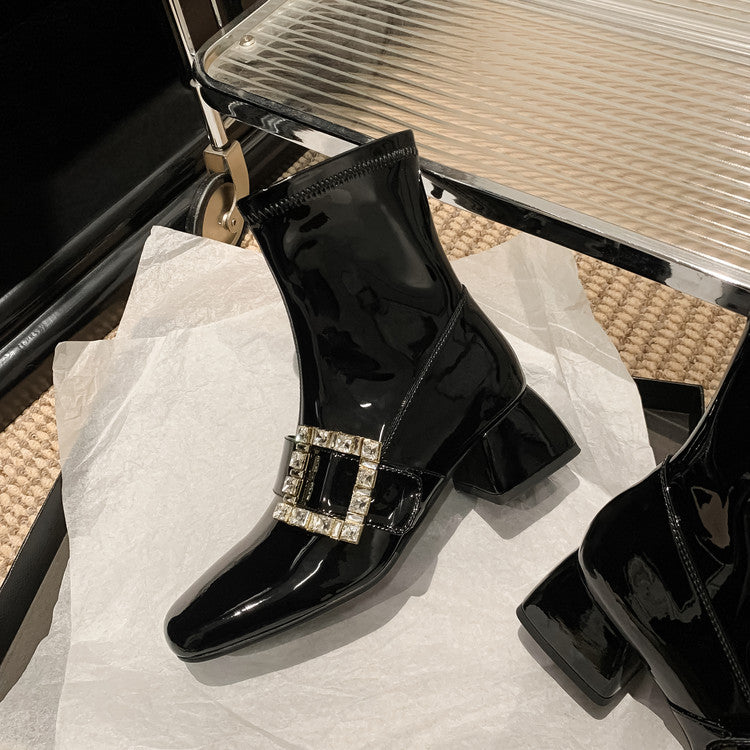 Karin Luna Elegant Style Ultra Slimming Rhinestone Chunky Heel British Style Riding Boots Long Boots