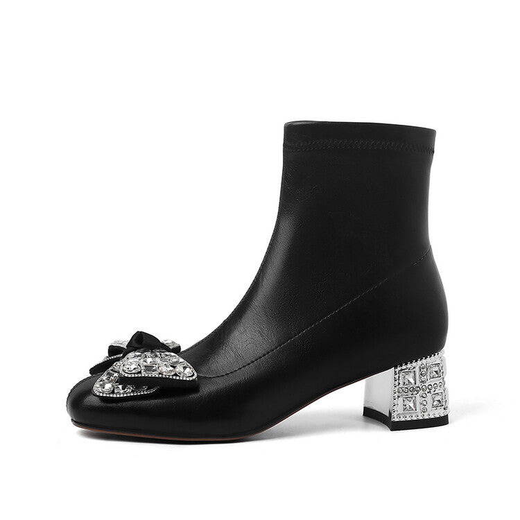 Karin Luna In Stock   Rhinestone Bow Thick Heel Slim Boots