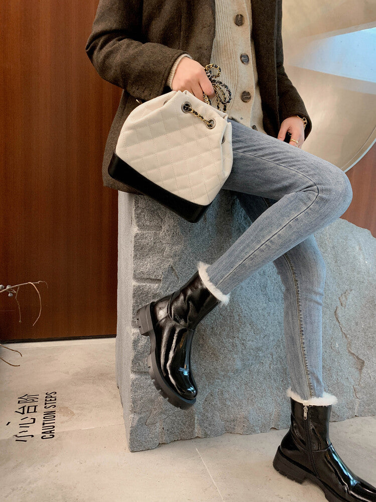 Karin Luna In Stock  Best-selling in stock Thickened Fleece Cow Patent Leather Hot-Selling Flat Short Boots