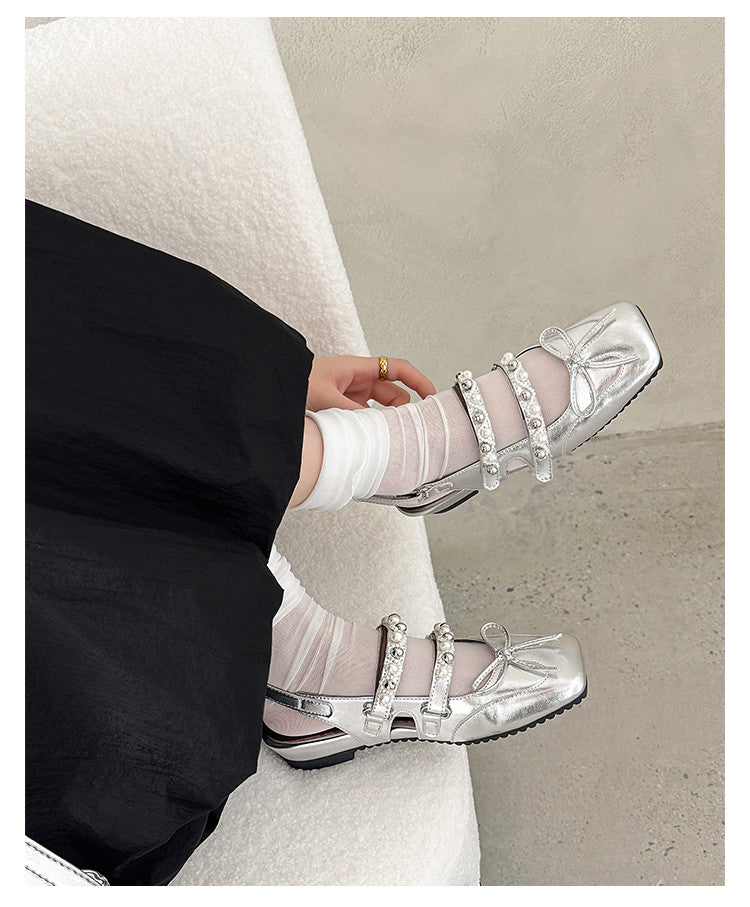 Karin Luna In Stock In Stock  Square Toe Bowknot Pearl Strap Closed-Toe Sandals