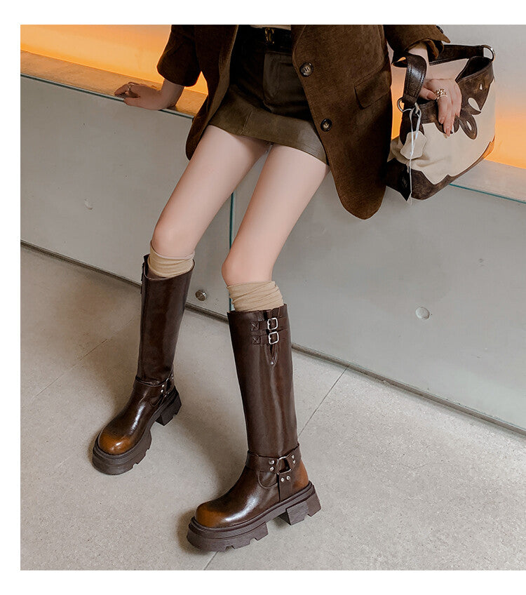 Karin Luna Full Cowhide  miumiu Popular Round Toe Thick Sole Beautiful and height-increasing