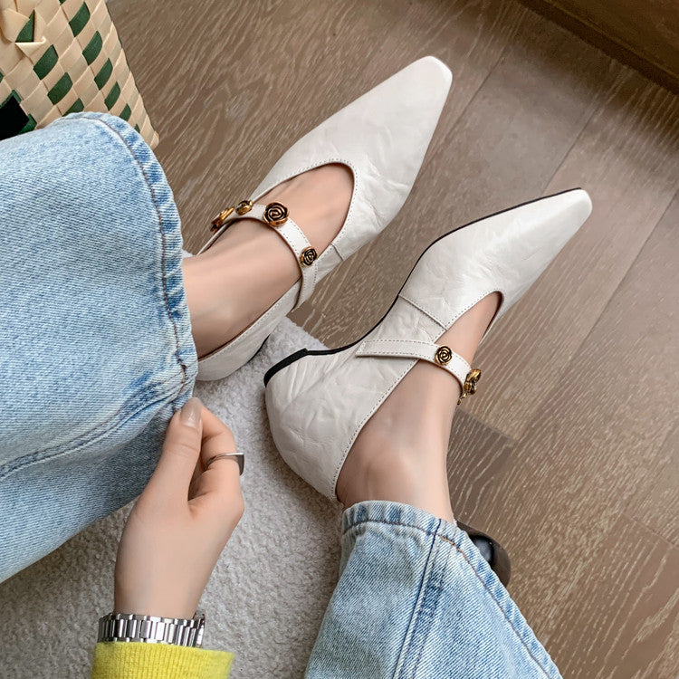 Karin Luna In Stock Spot Goods    Retro Classic Metal Camellia Irregular Heel Single Shoes