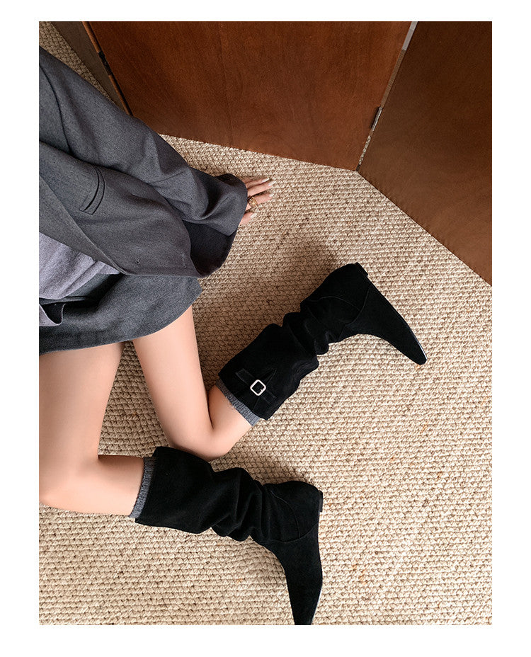 Karin Luna In Stock Spot Goods Vintage Cowhide Leather Chunky Heel Height Increasing Long Boots