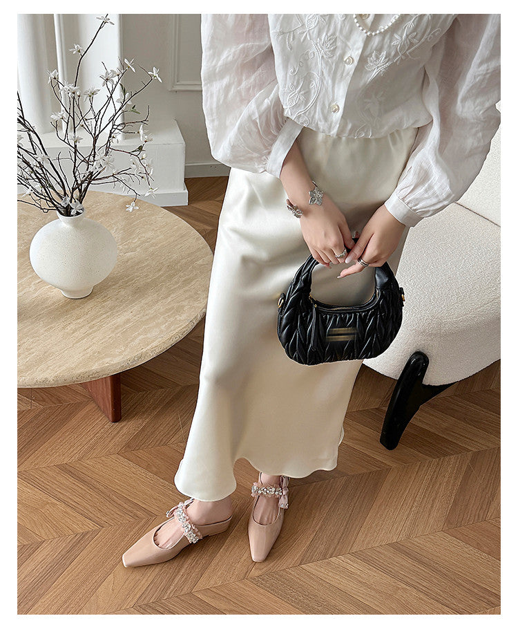 Karin Luna Handmade One-Strap Rhinestone Ribbon Square-Toe Mules