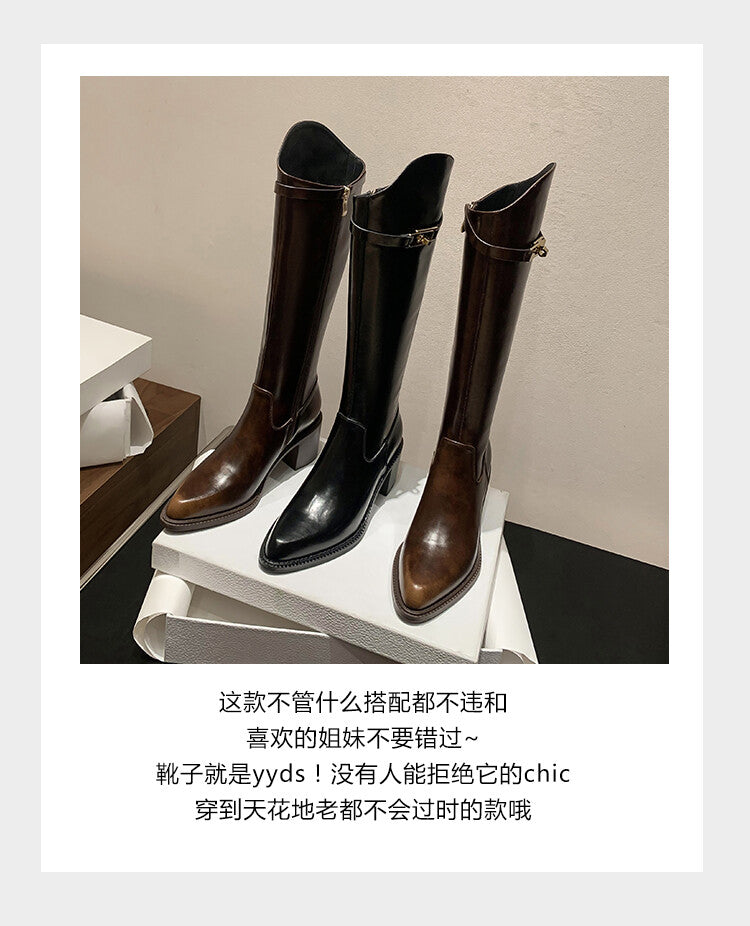 Karin Luna Hot-Selling Fasteners Sold as soon as listed Comes with data plan included Pointed Toe Chunky Heel Classic Full Cowhide Leather Riding Boots