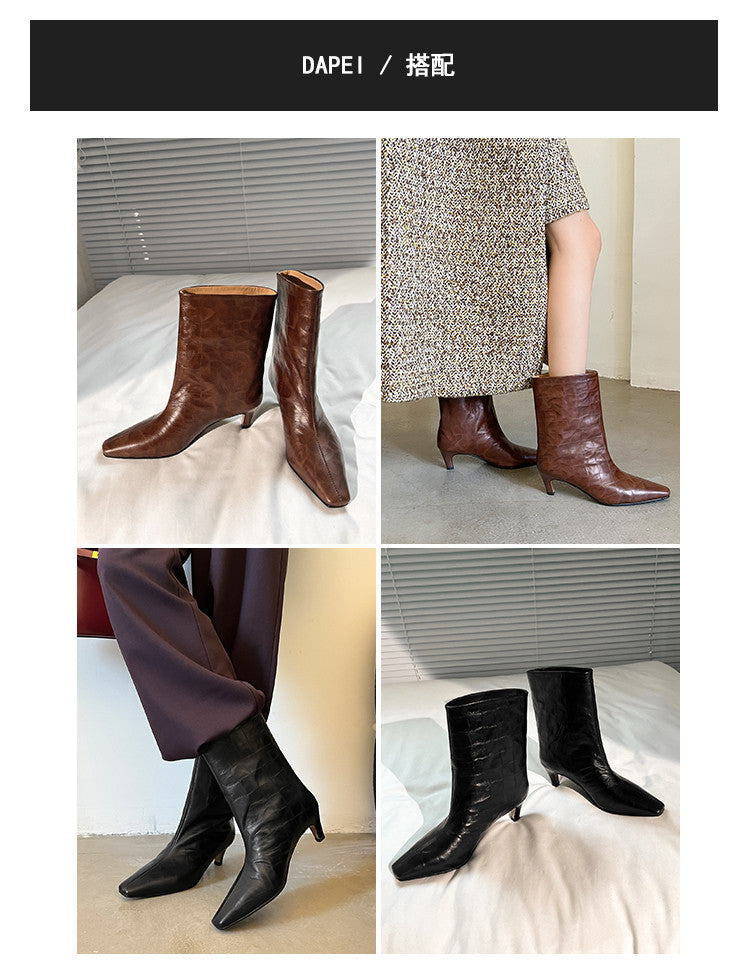 Karin Luna In Stock Spot Goods Top Layer Stone Pattern Cowhide Textured Small Square Toe Straight Short Boots