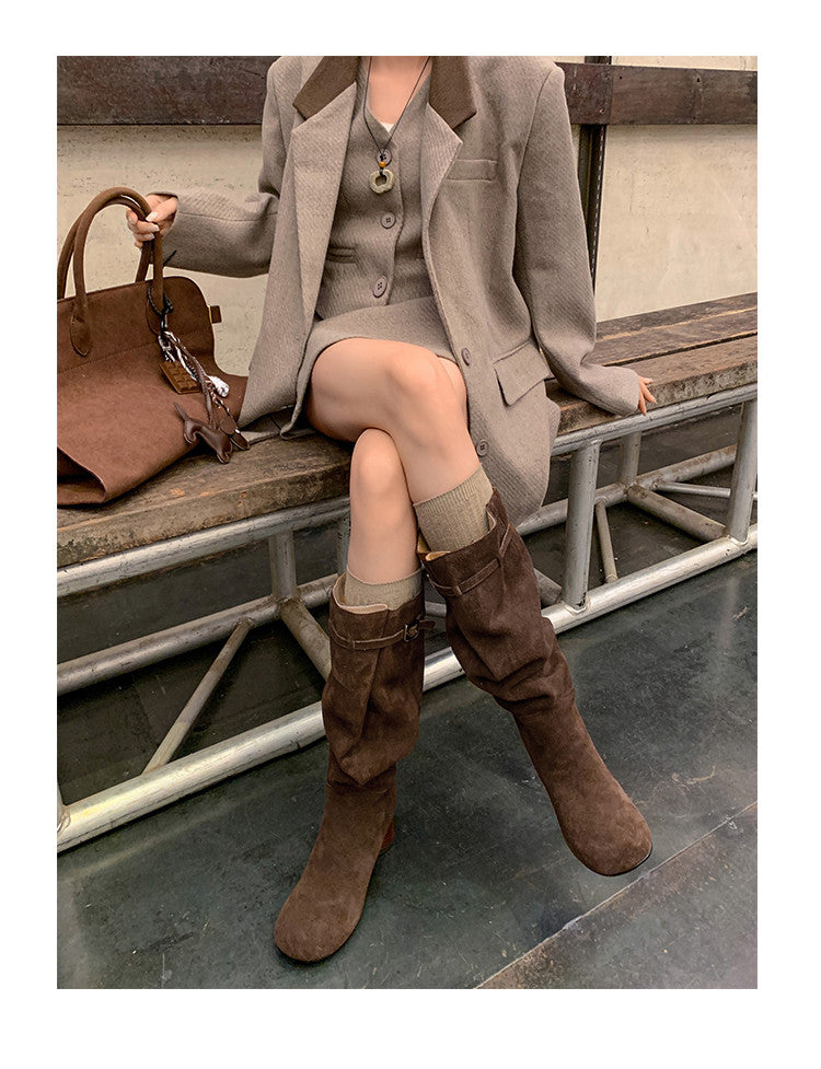 Karin Luna In Stock In Stock Mango Head Large Tube Belt Buckle Chunky Heel Long Boots
