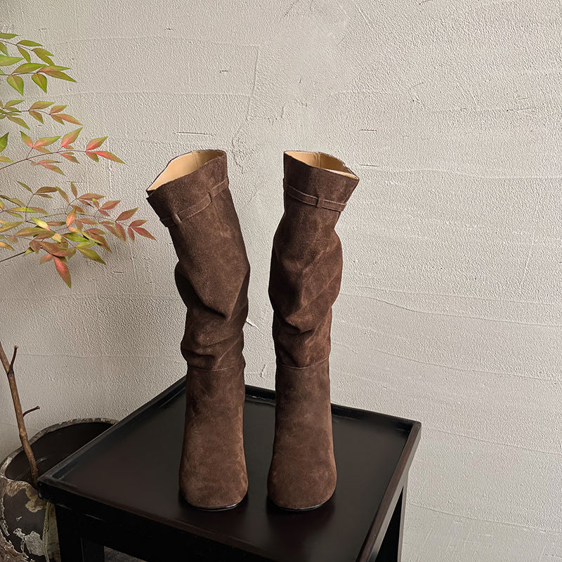 Karin Luna In Stock In Stock Mango Head Large Tube Belt Buckle Chunky Heel Long Boots