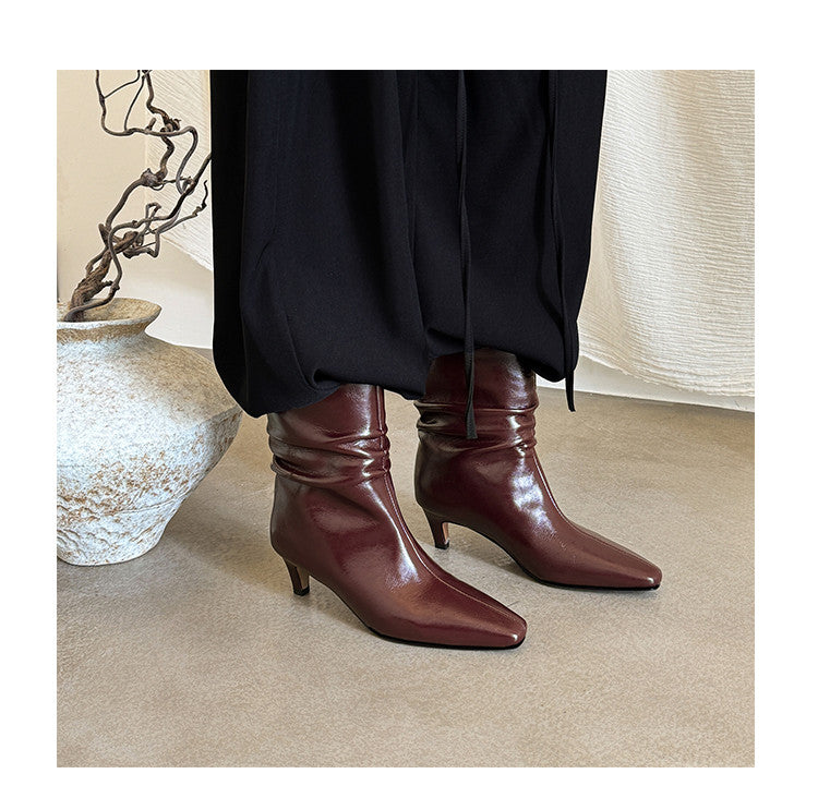 Karin Luna In Stock Spot Goods  Retro Wrinkled Small Square Toe Short Boots