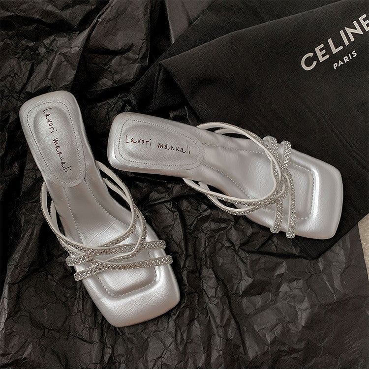 Karin Luna In Stock Spot Goods  Rhinestone Cross Strap Square Toe High Heel Slippers