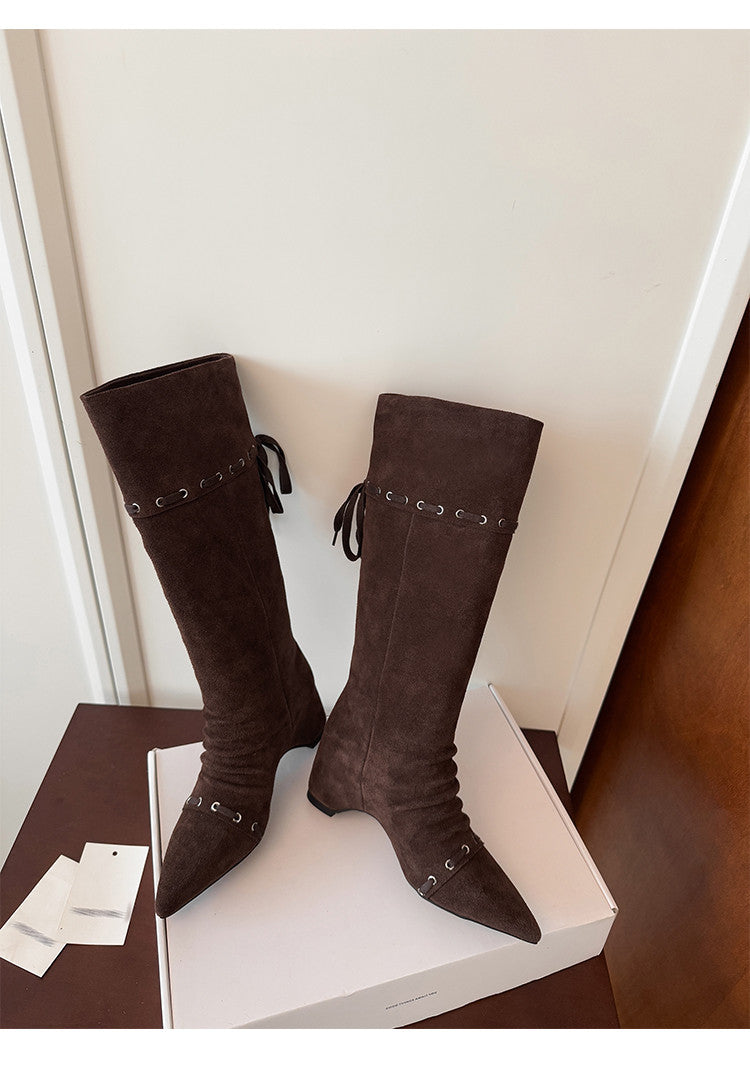 Karin Luna Elegant Style  Pointed Toe Pleated Hidden Wedge Western Boots
