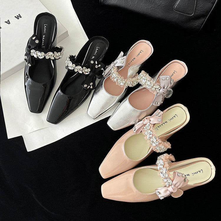 Karin Luna Handmade One-Strap Rhinestone Ribbon Square-Toe Mules
