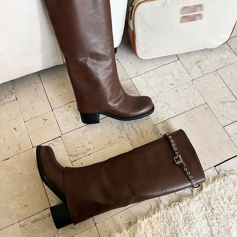 Karin Luna In Stock Spot Goods Belt Buckle Color-Washed Casual Thick-Soled Bootcut Pants Boots
