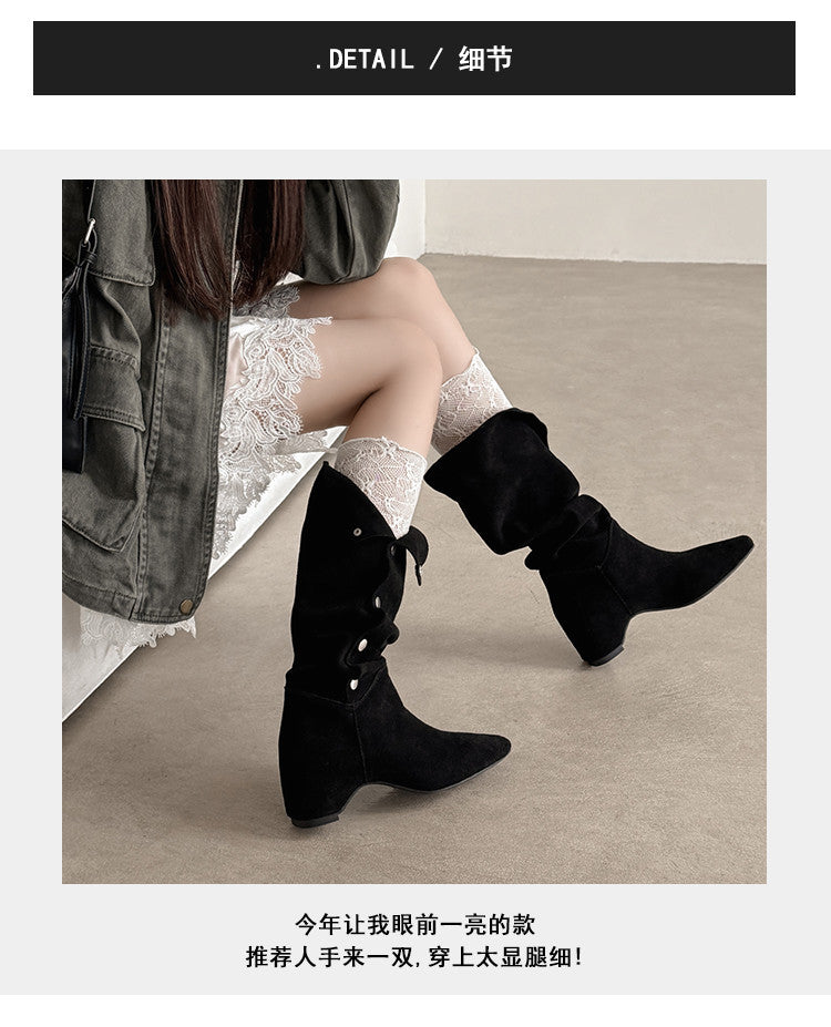 Karin Luna Bestseller Hot-Selling Hidden Buckle Lazy Style Square-Toe Height-Increasing Suede Western Boots