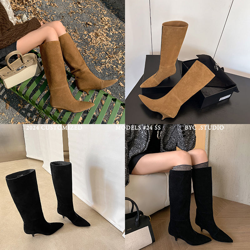Karin Luna In Stock Spot Goods Retro Cowhide Pointed Toe Stiletto Elegant Long Boots