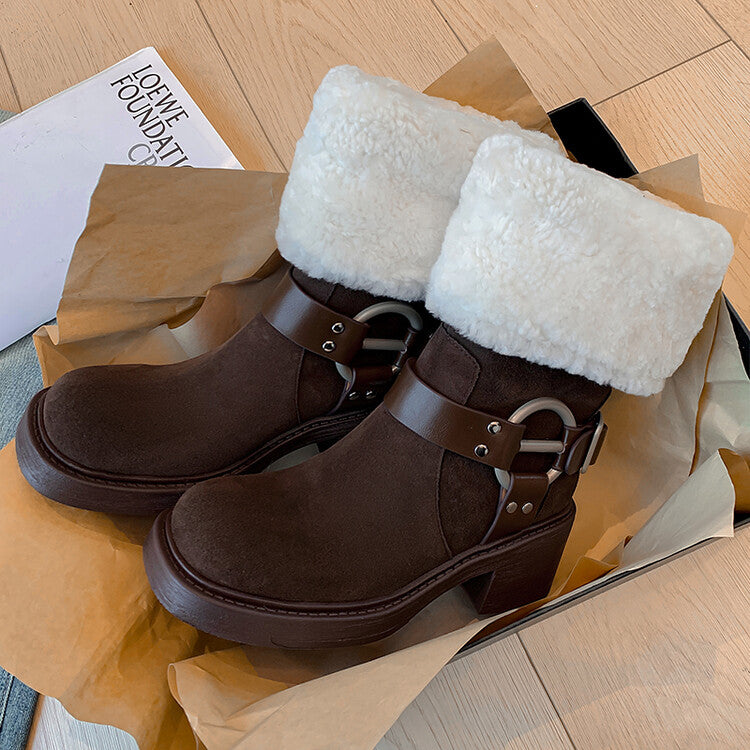 Karin Luna Genuine Lamb Wool and Cowhide Leather Hot-selling Metal Buckle Round Toe Chunky Heel Main Push Main Push